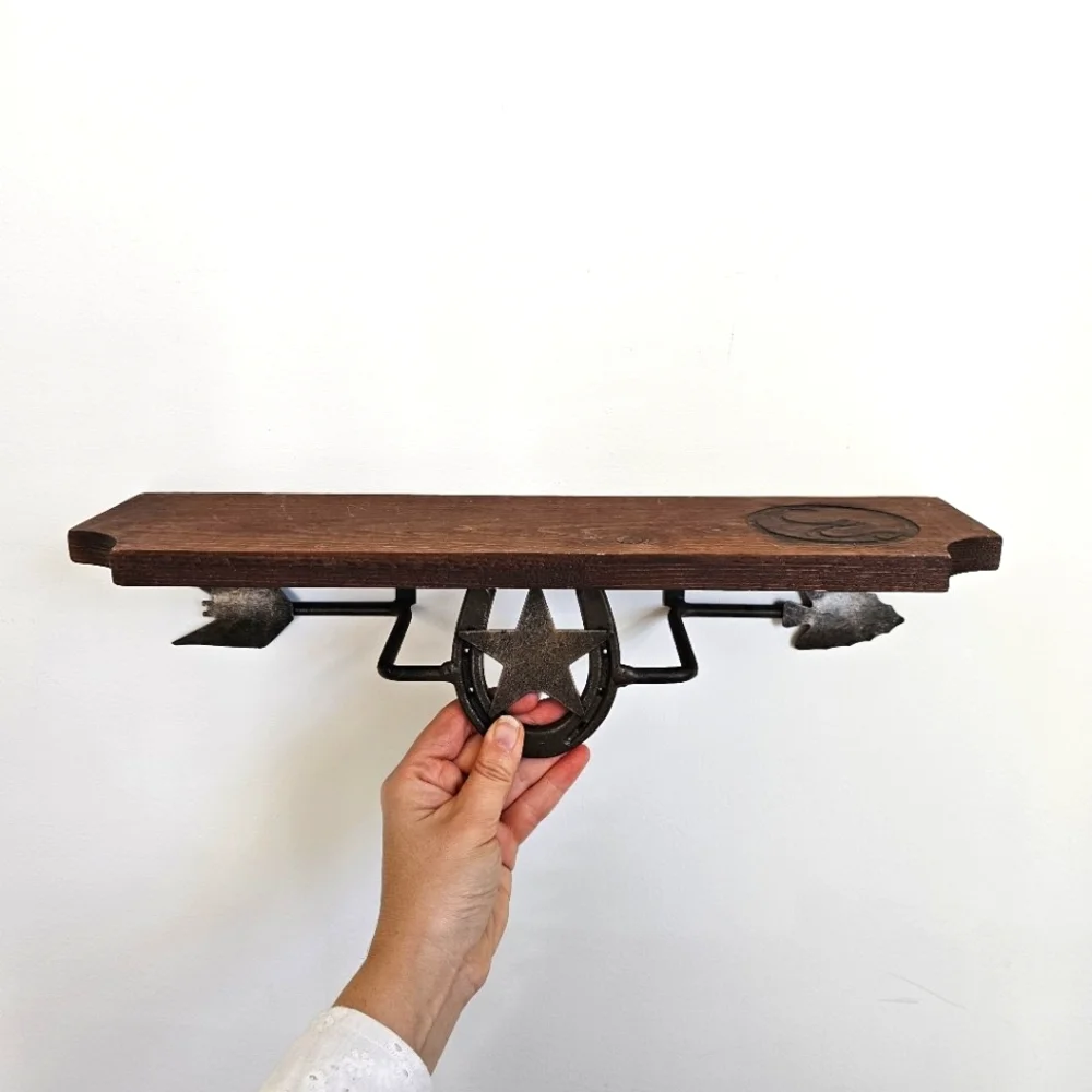 Western Wood & Metal Horseshoe Star Arrow Wall Shelf | Rustic Ranch Decor 18”